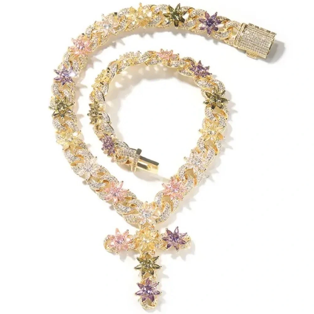 Multicolor Floral Cross Cuban Chain Necklace - Women Jewelry 20inch